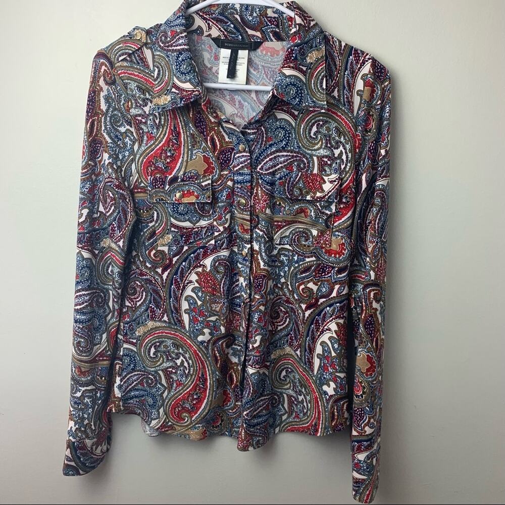 BCBG MAXAZRIA Gold Button Snap Long Sleeve Shirt